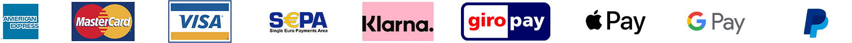 Zahlungsarten: Kreditkarte, SEPA, Klarna, giropay, Apple Pay, Google Pay, PayPal