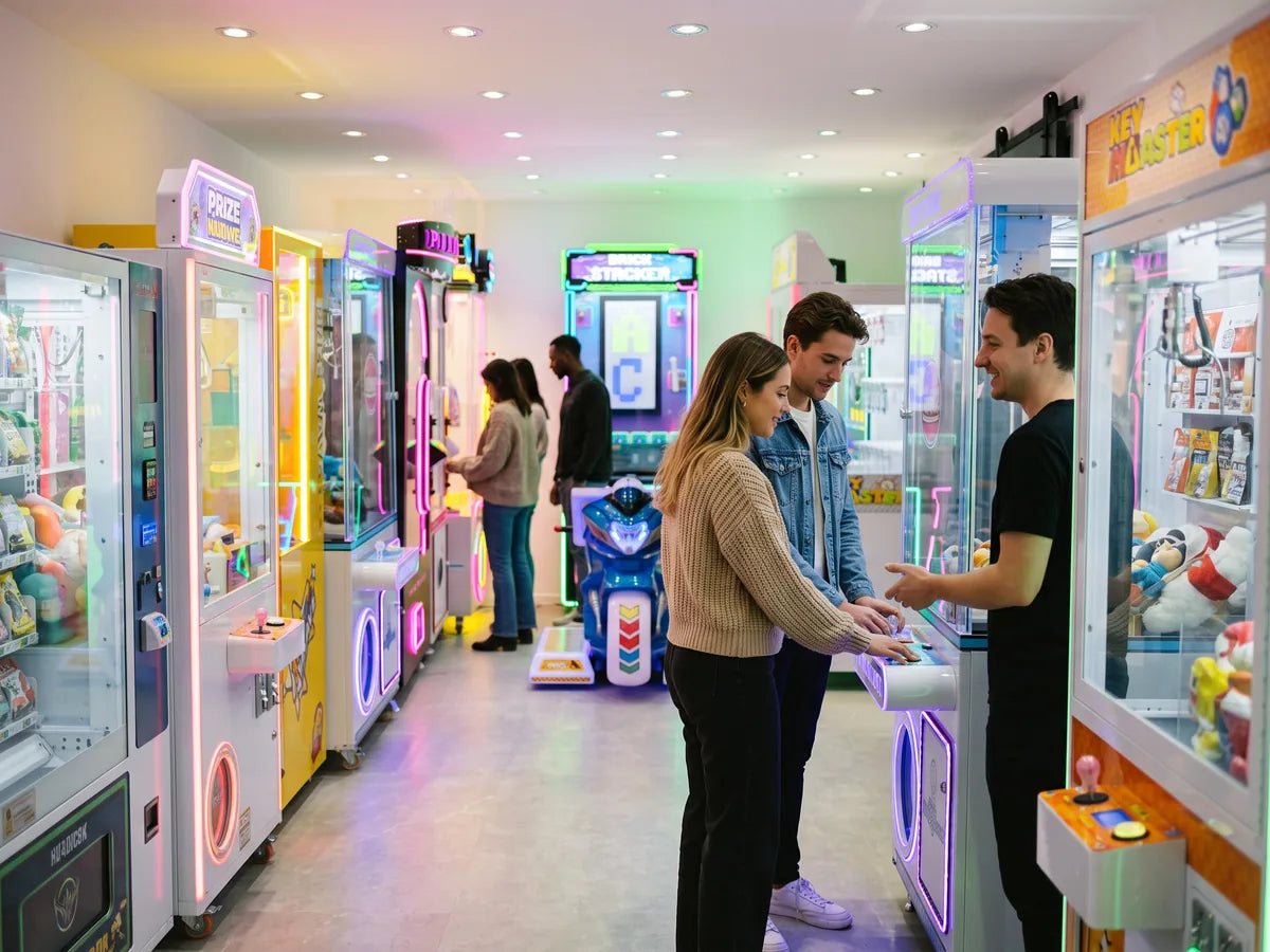 Visitors trying out claw machines in the showroom