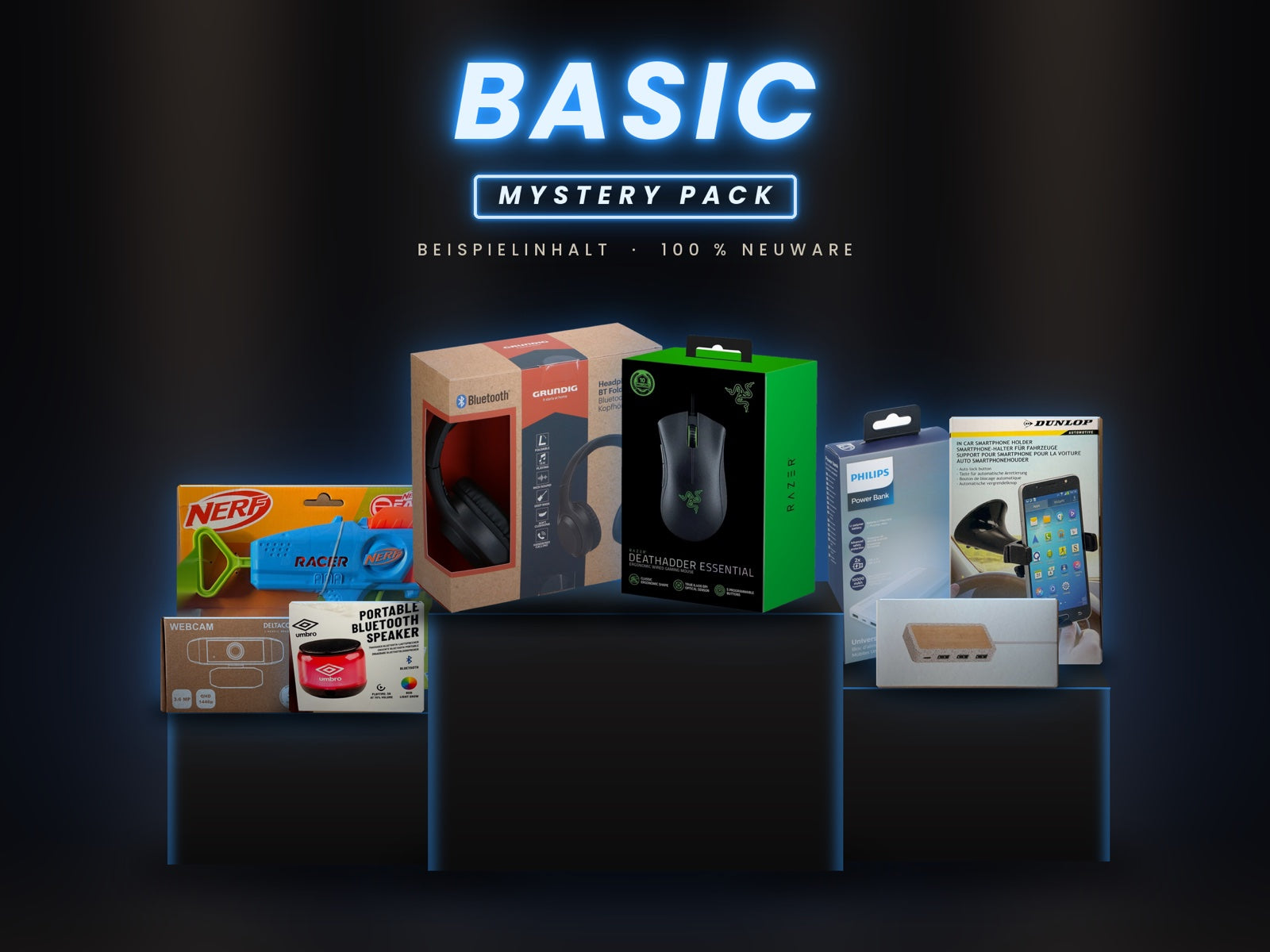 Mystery Pack Basic – Beispielinhalt: Bluetooth-Kopfhörer, Gaming-Maus, Bluetooth-Lautsprecher, Webcam, Spielzeug-Blaster, Handyhalterung