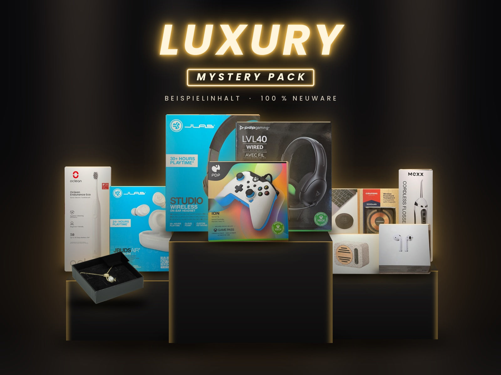 Mystery Pack Luxury – Beispielinhalt: Gaming-Headset, Xbox-Controller, Wireless-Kopfhörer, In-Ear-Kopfhörer, Schallzahnbürste, Munddusche, Kette
