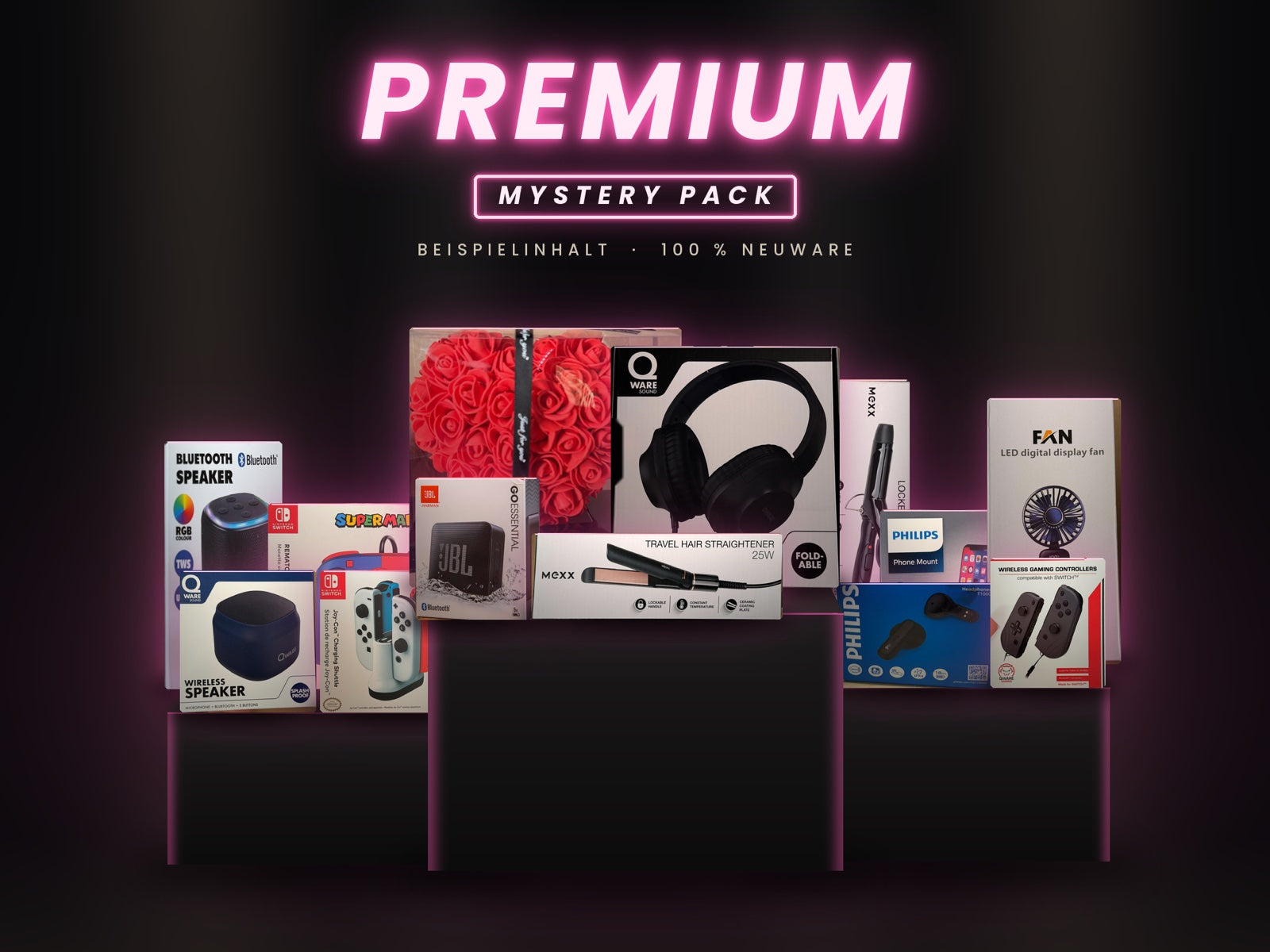 Mystery Pack Premium – Beispielinhalt: Over-Ear-Kopfhörer, JBL-Lautsprecher, Glätteisen, Switch-Zubehör, Rosenherz, Ventilator, Controller