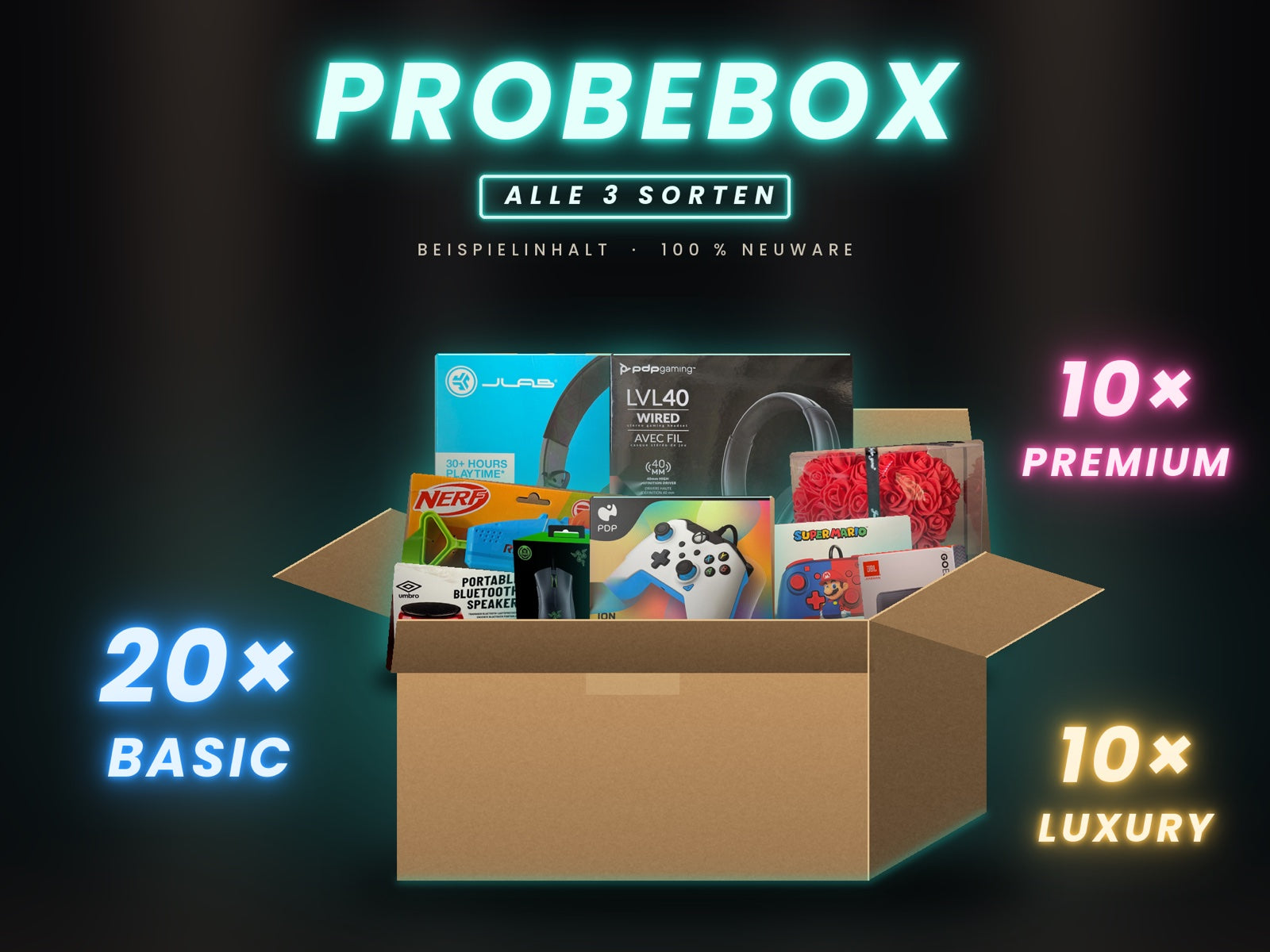 Probebox – Beispielinhalt: 20 × Basic, 10 × Premium und 10 × Luxury in einem Karton