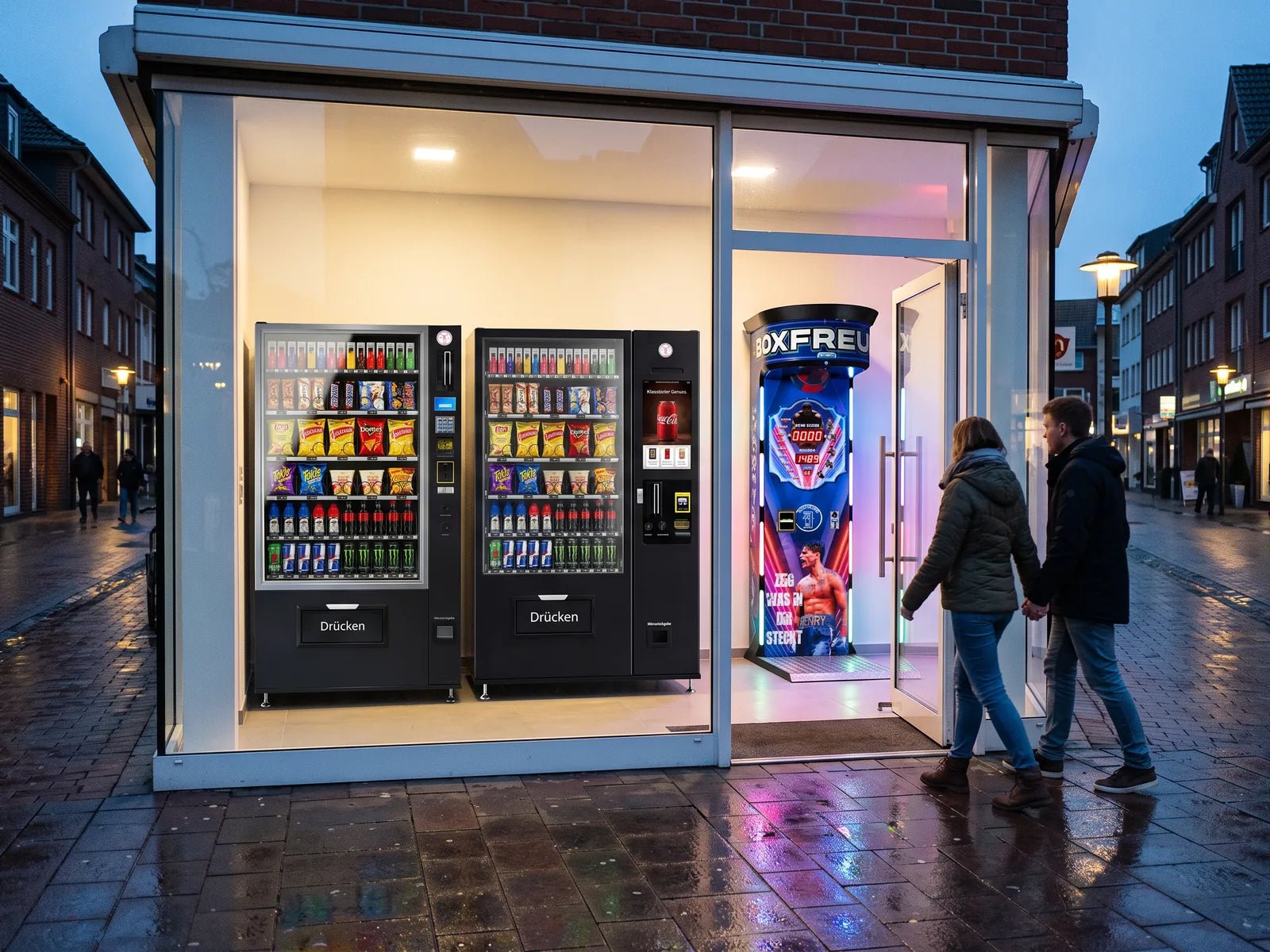Automatenshop mit zwei Boxfreund-Warenautomaten und einem Boxautomaten am Abend