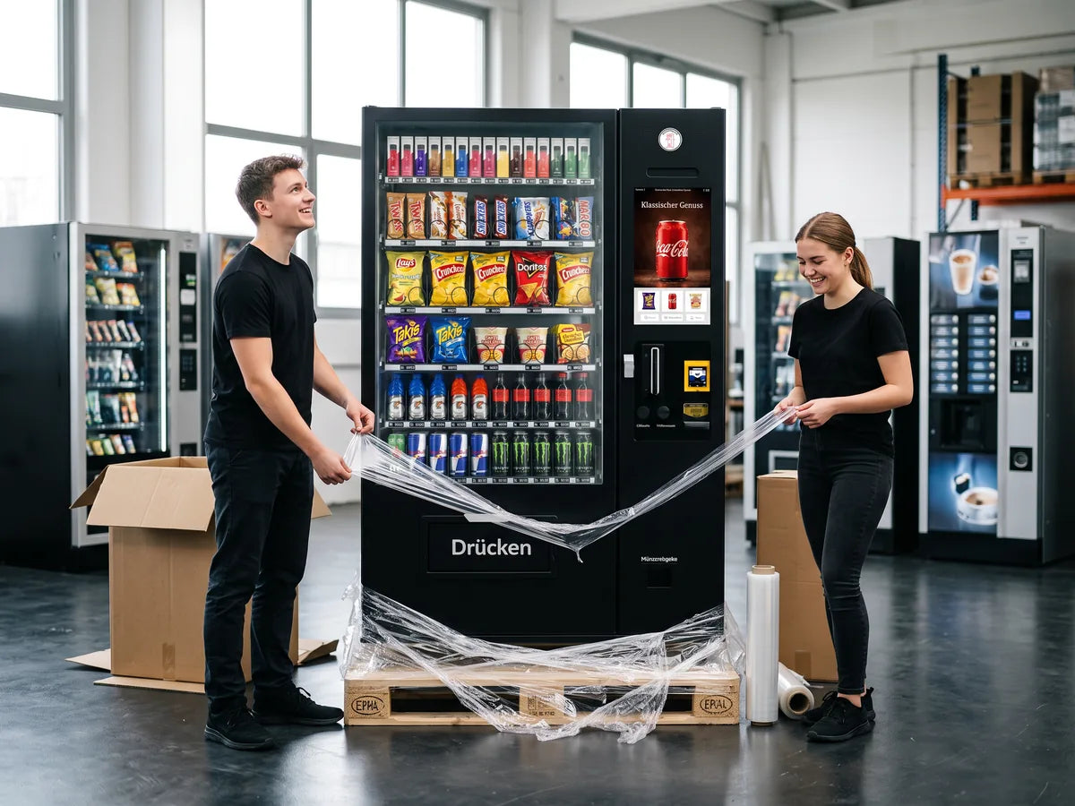 A new snack vending machine being unpacked
